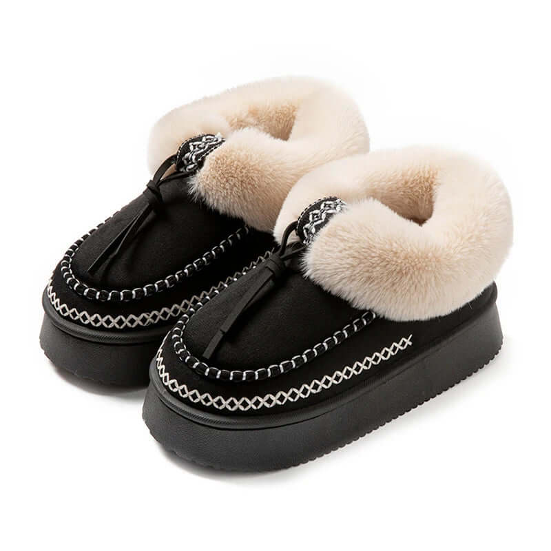 Women's platform slipper boots in a suede look with plush collar, contrast stitching and thick sole - black