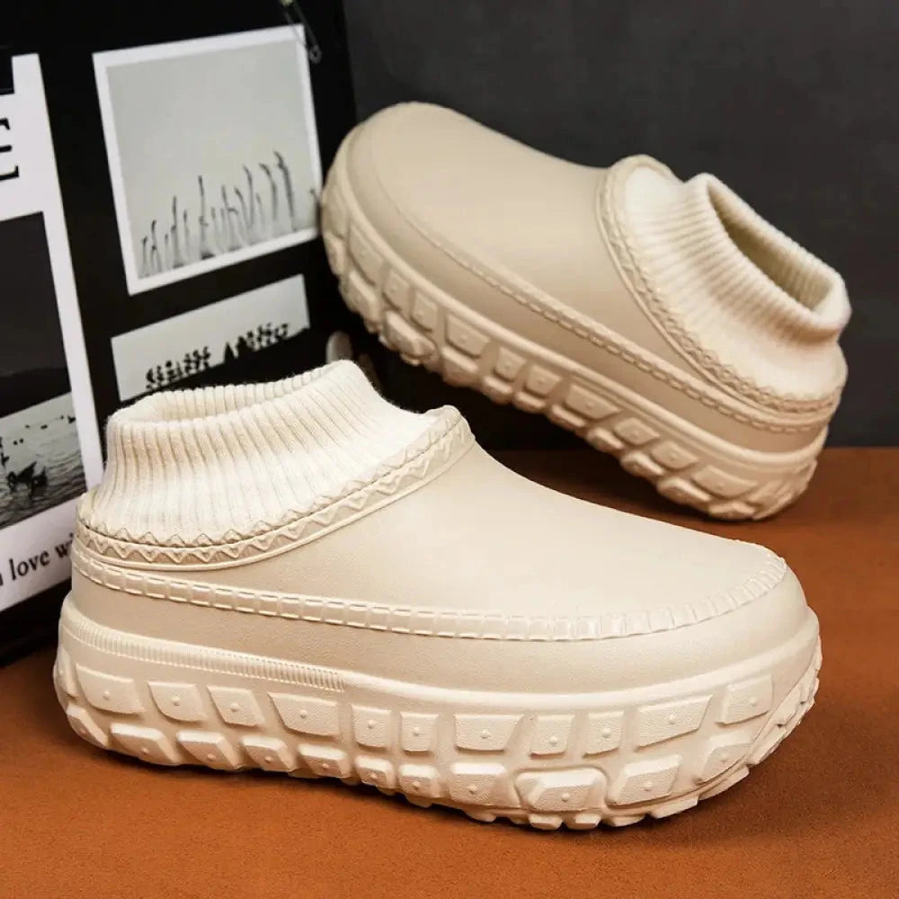 Platform slippers with a chunky tread sole, smooth upper and plush lining - beige / knit collar