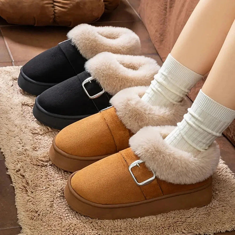 Women's platform slippers in suede look with faux fur collar, buckle and thick sole - view 2