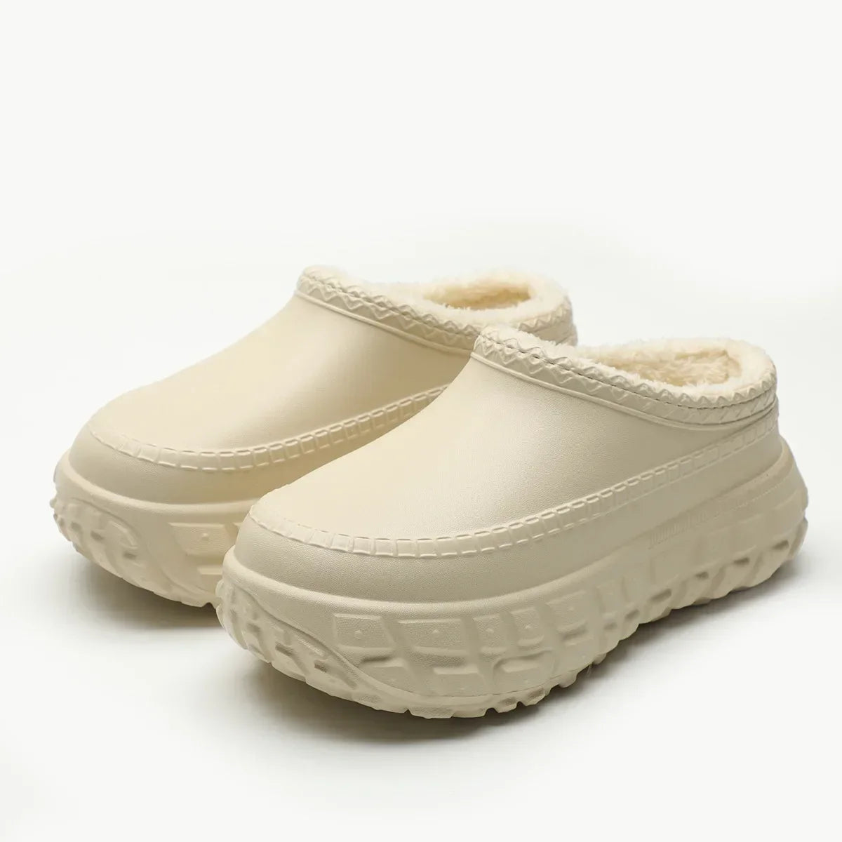 Platform slippers with a faux leather upper, thick tyre-tread sole and plush lining - beige