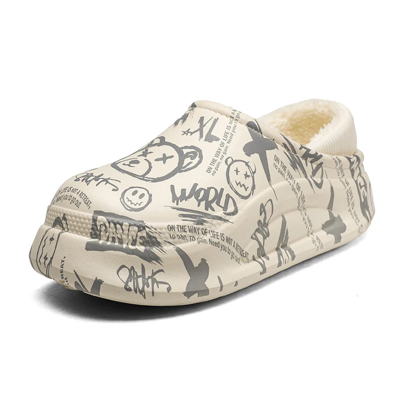 Platform slippers with an all-over graffiti print, plush lining and knitted heel collar - cream