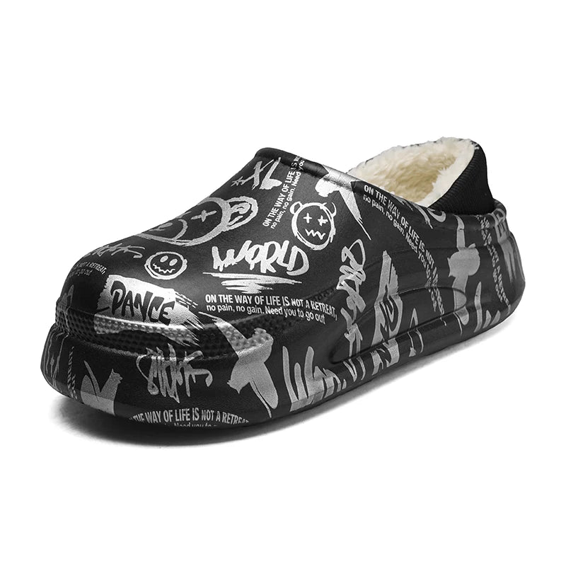 Platform slippers with an all-over graffiti print, plush lining and knitted heel collar - black