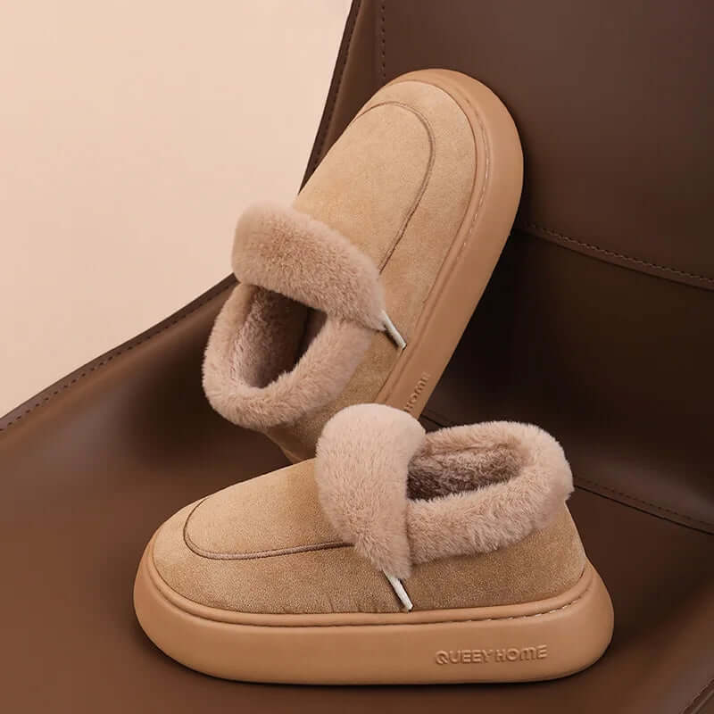 Platform slippers in a suede look with a fold-over plush collar and thick flat sole