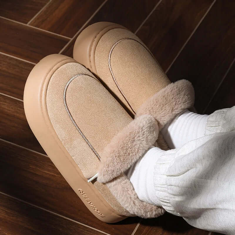 Platform slippers in a suede look with a fold-over plush collar and thick flat sole - view 3
