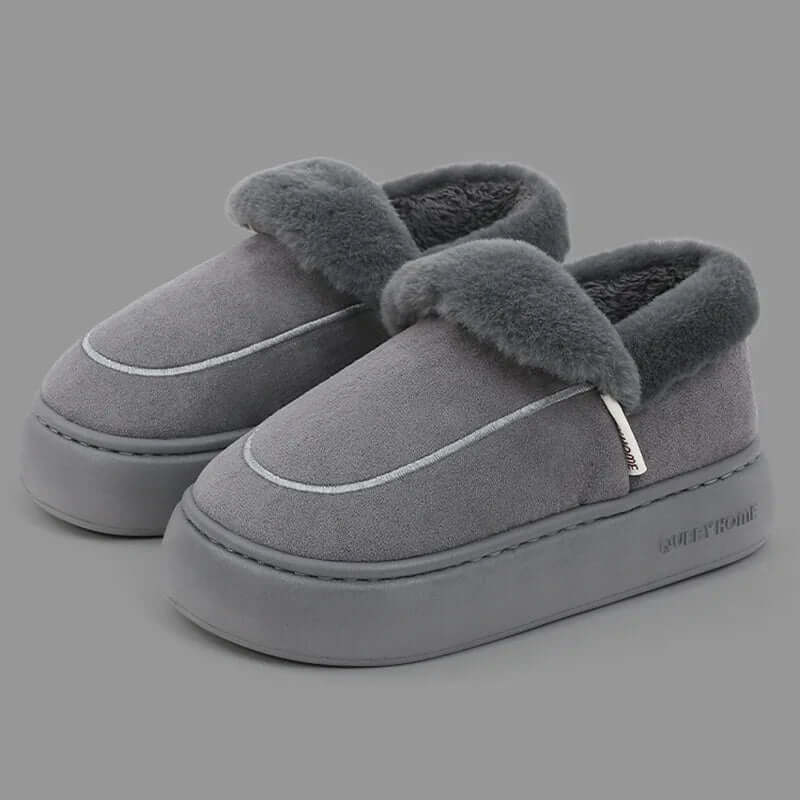 Platform slippers in a suede look with a fold-over plush collar and thick flat sole - view 5