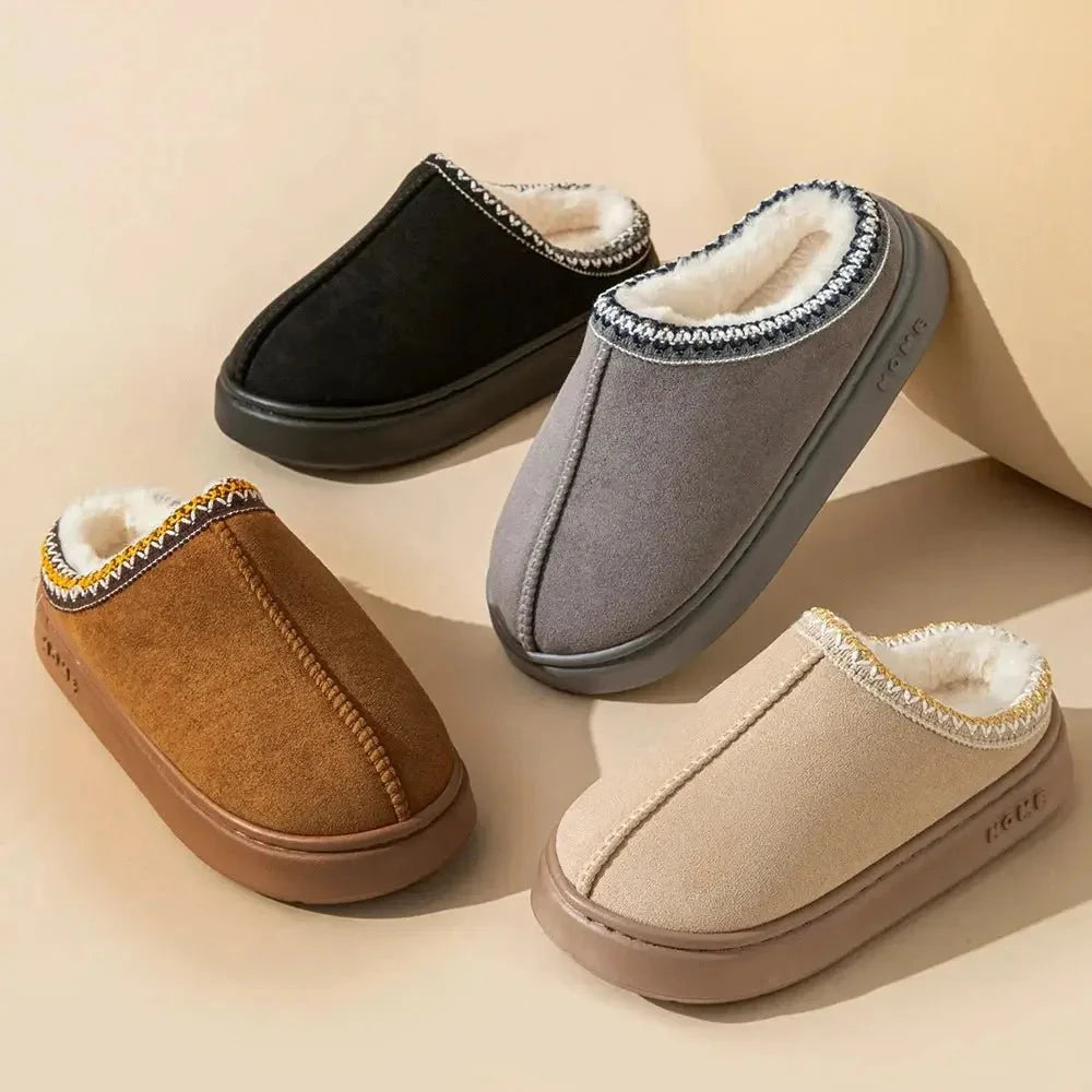 Platform slippers in a suede look with plush lining and embroidered trim