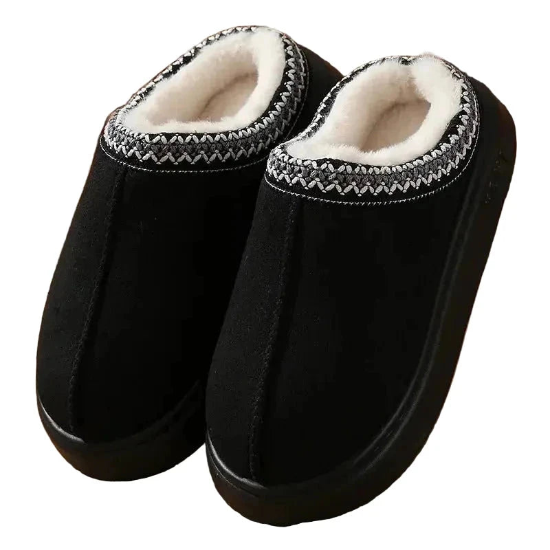 Platform slippers in a suede look with plush lining and embroidered trim - black