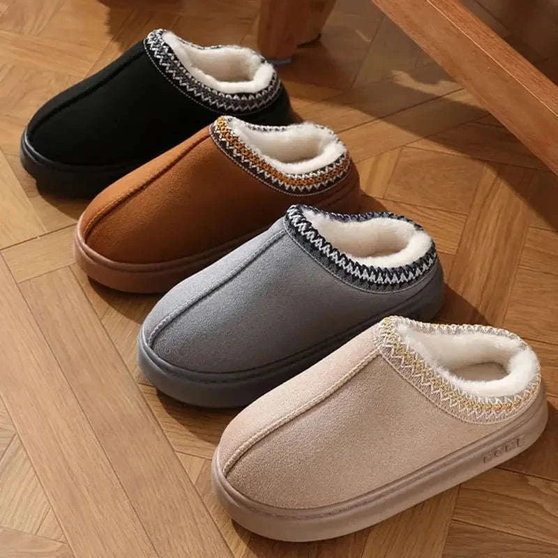 Platform slippers in a suede look with plush lining and embroidered trim - view 2