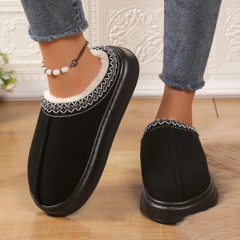 Platform slippers in a suede look with plush lining and embroidered trim - view 3