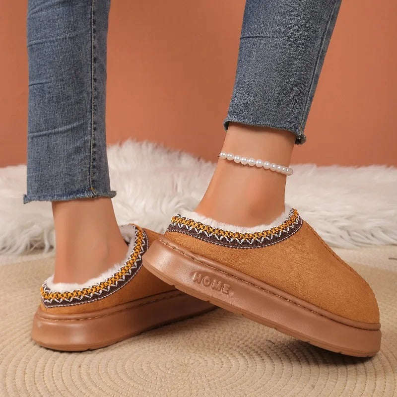 Platform slippers in a suede look with plush lining and embroidered trim - view 4