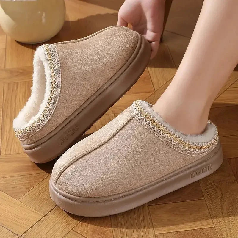 Platform slippers in a suede look with plush lining and embroidered trim - view 5