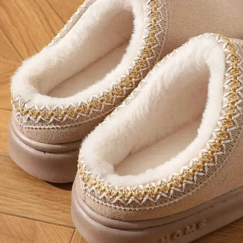 Platform slippers in a suede look with plush lining and embroidered trim - view 6