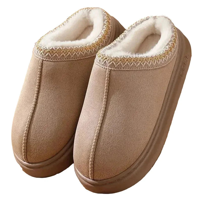 Platform slippers in a suede look with plush lining and embroidered trim - beige