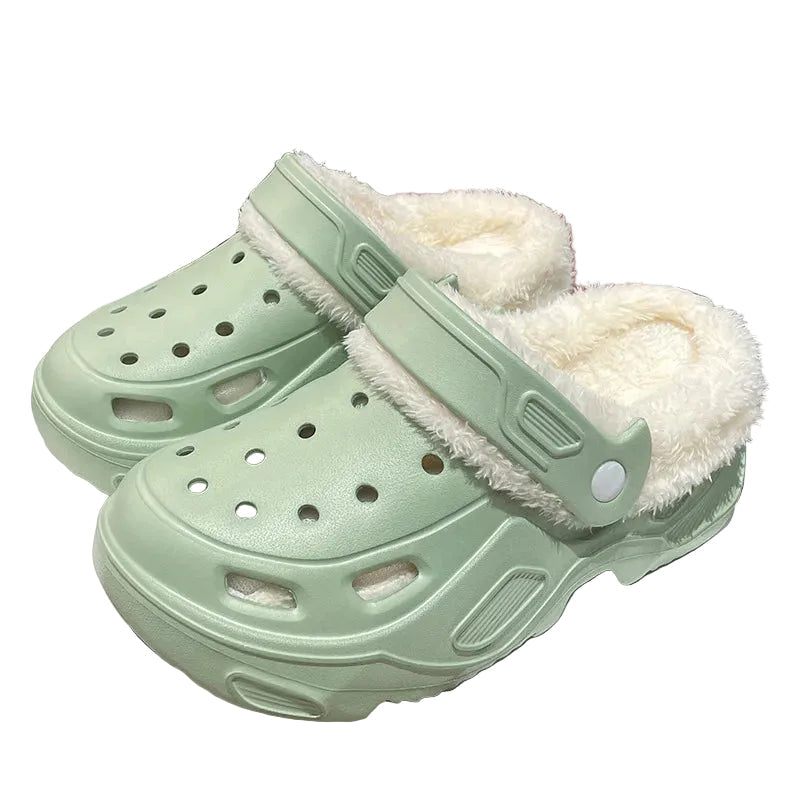 Plush-lined EVA clogs with thick platform sole and swivel heel strap - light green with cream lining