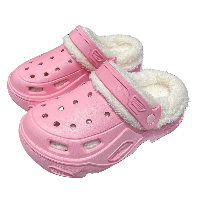Plush-lined EVA clogs with thick platform sole and swivel heel strap - pink with cream lining