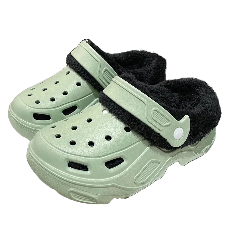 Plush-lined EVA clogs with thick platform sole and swivel heel strap - light green with black lining