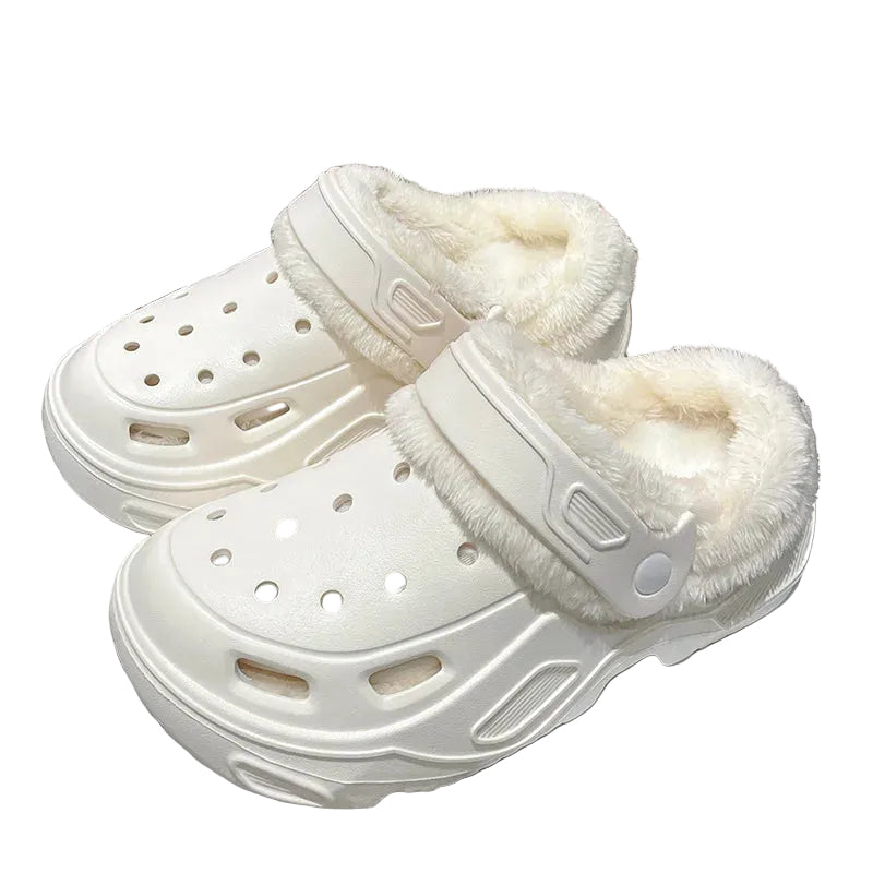 Plush-lined EVA clogs with thick platform sole and swivel heel strap - white with cream lining