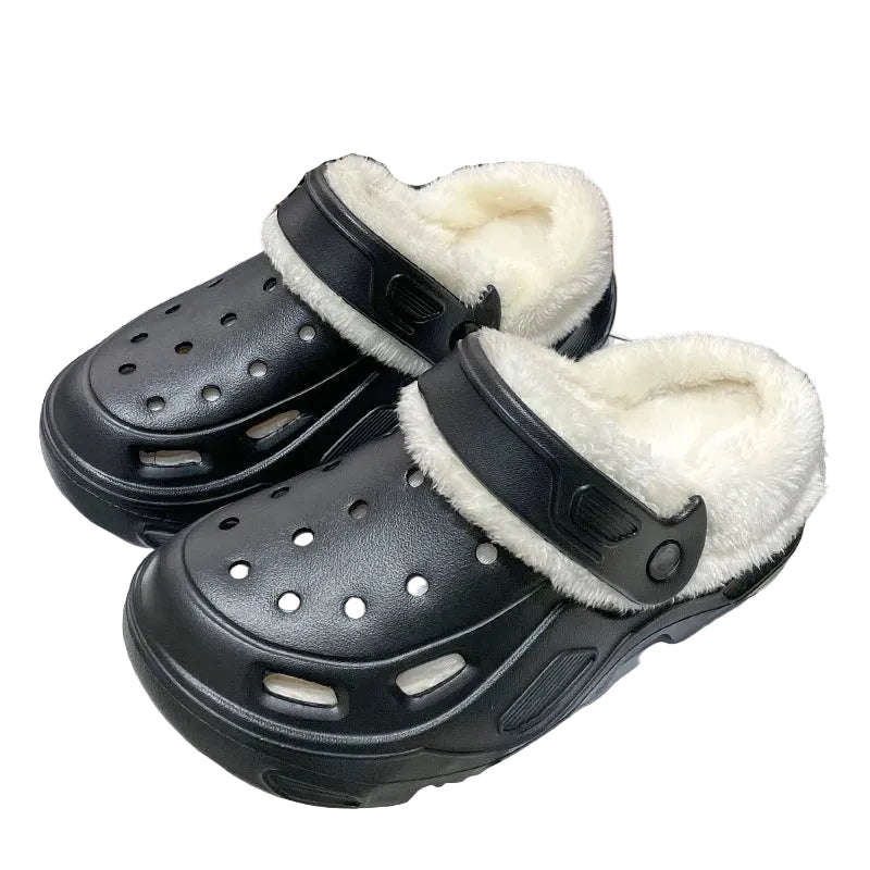 Plush-lined EVA clogs with thick platform sole and swivel heel strap - black with cream lining