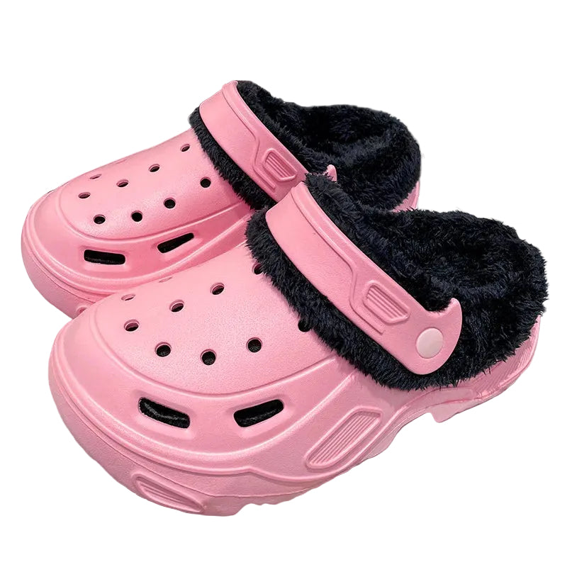 Plush-lined EVA clogs with thick platform sole and swivel heel strap - pink with black lining