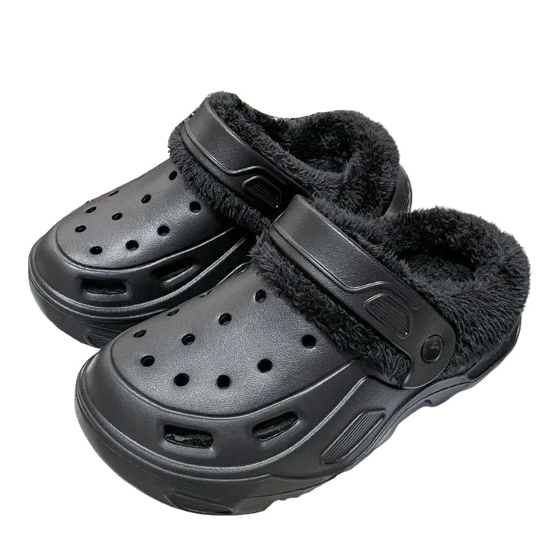 Plush-lined EVA clogs with thick platform sole and swivel heel strap - black with black lining