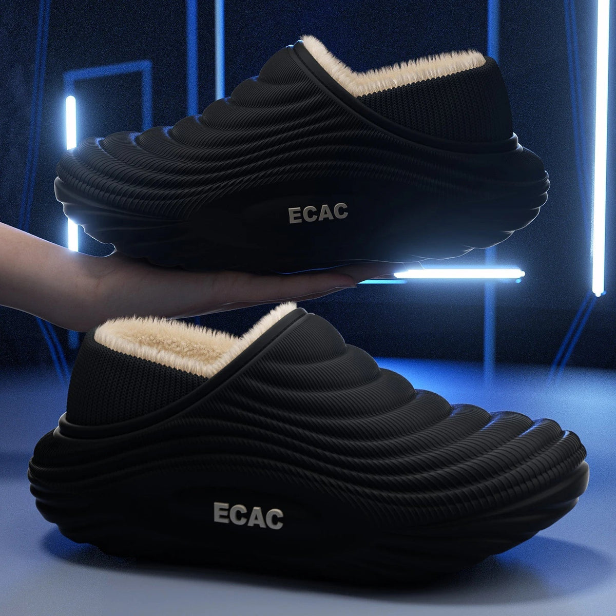 Plush-lined EVA slippers with fine wave ribbing and a thick sole - view 5