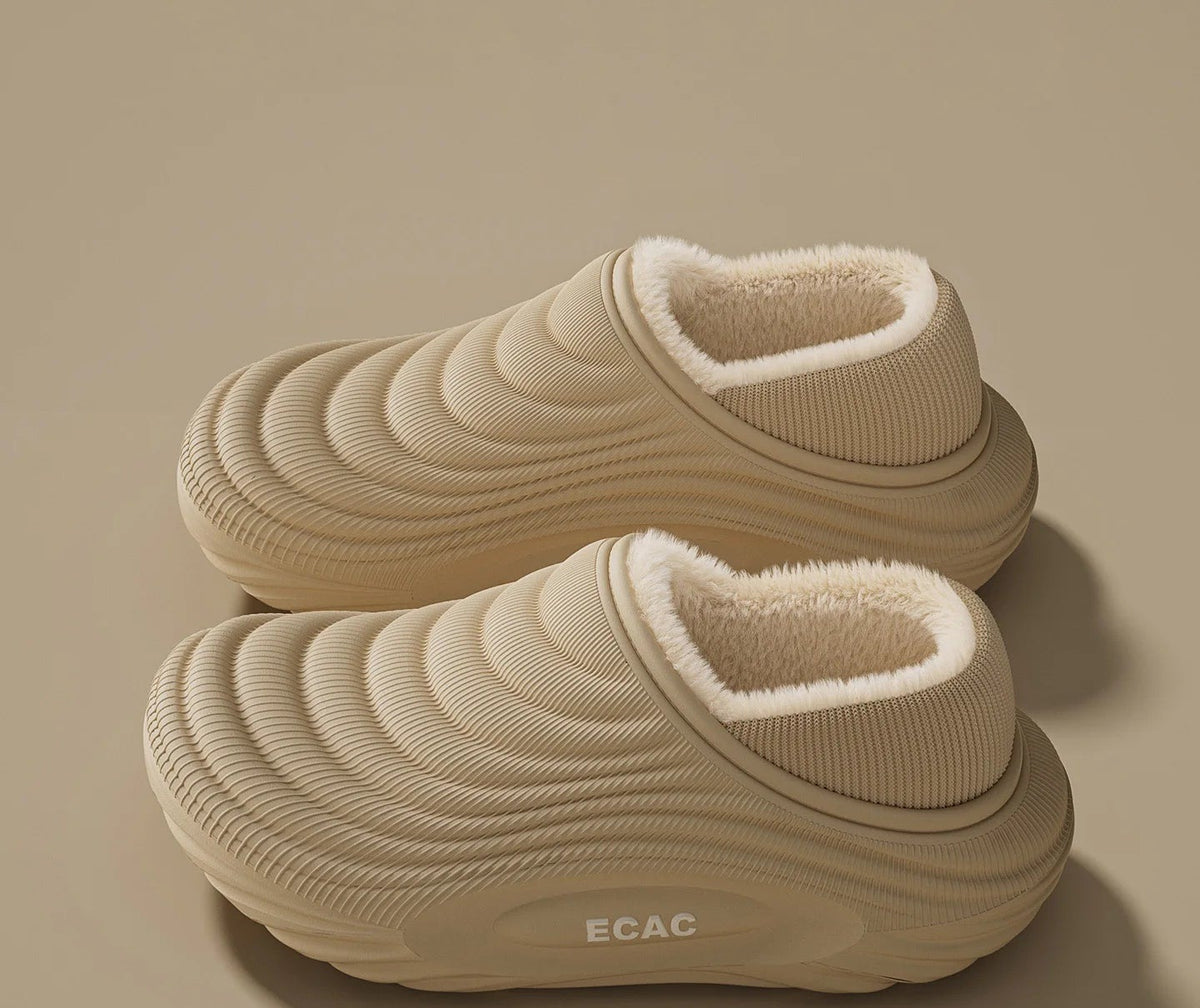 Plush-lined EVA slippers with fine wave ribbing and a thick sole - khaki closed heel