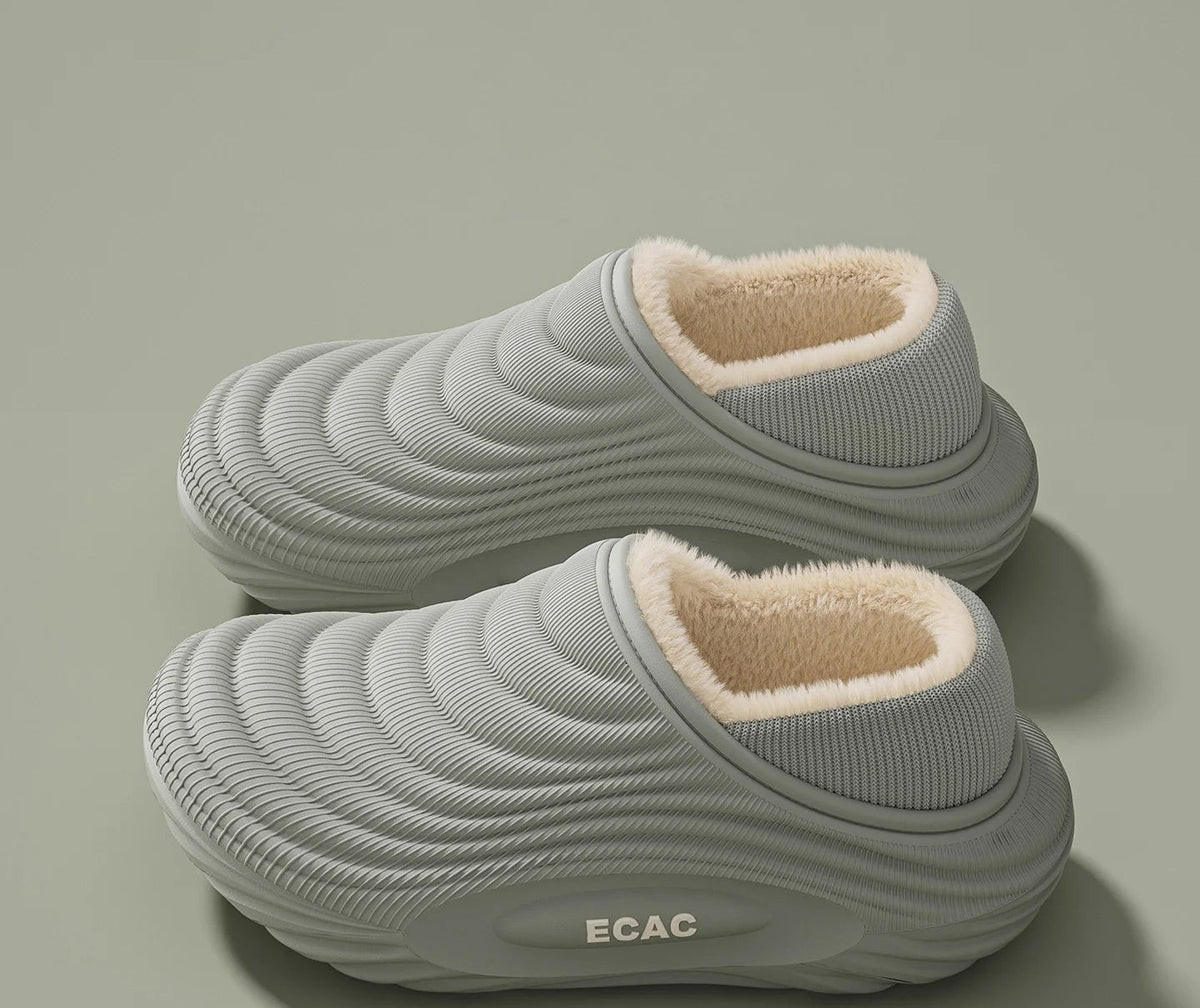 Plush-lined EVA slippers with fine wave ribbing and a thick sole - sage closed heel