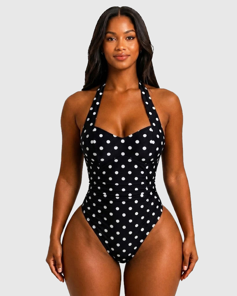 Polka dot halter swimsuit with a tie neck and sweetheart neckline - black