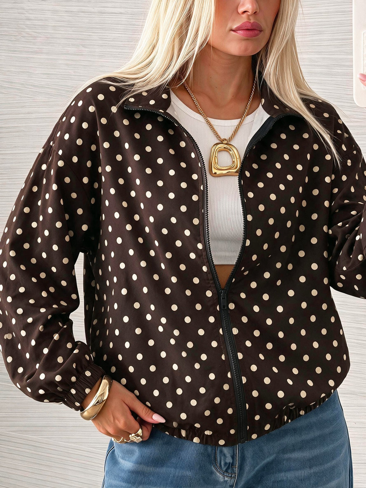 Printed track jacket for women with two sleeve stripes and stand collar - brown polka dot