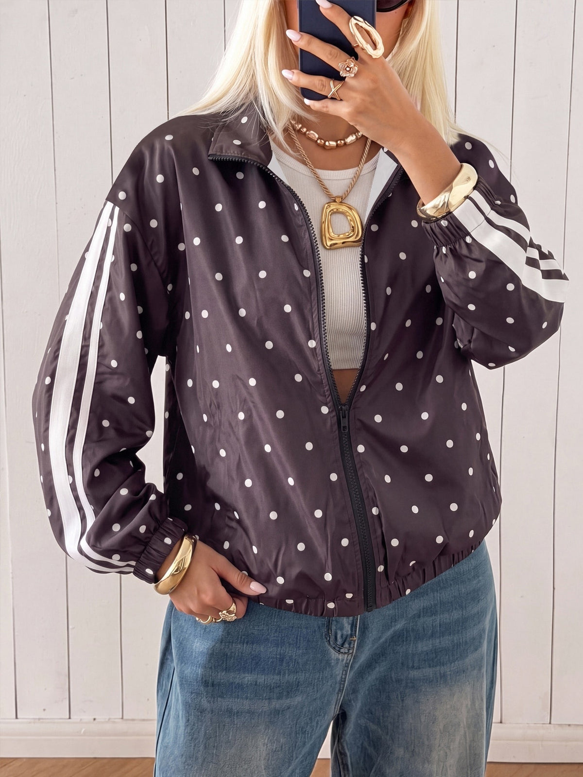 Printed track jacket for women with two sleeve stripes and stand collar - plum polka dot