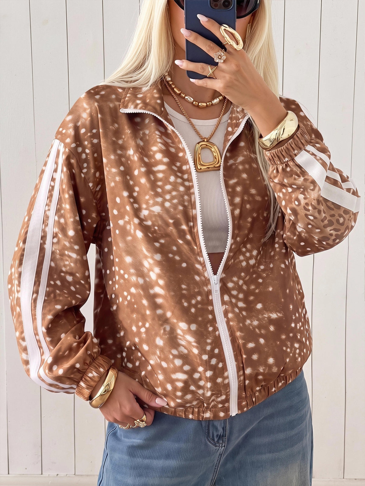Printed track jacket for women with two sleeve stripes and stand collar - fawn print