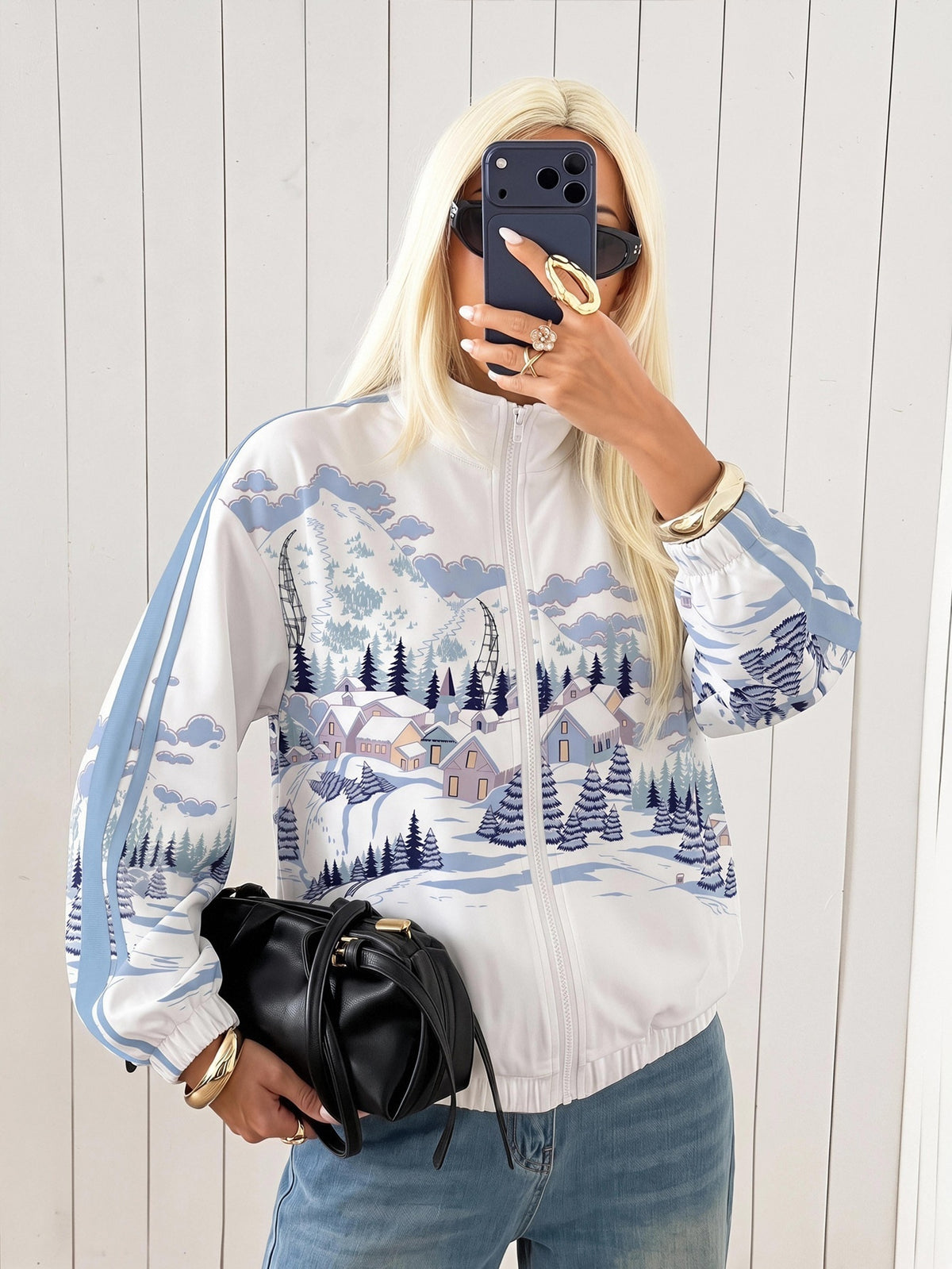 Printed track jacket for women with two sleeve stripes and stand collar - snow scene