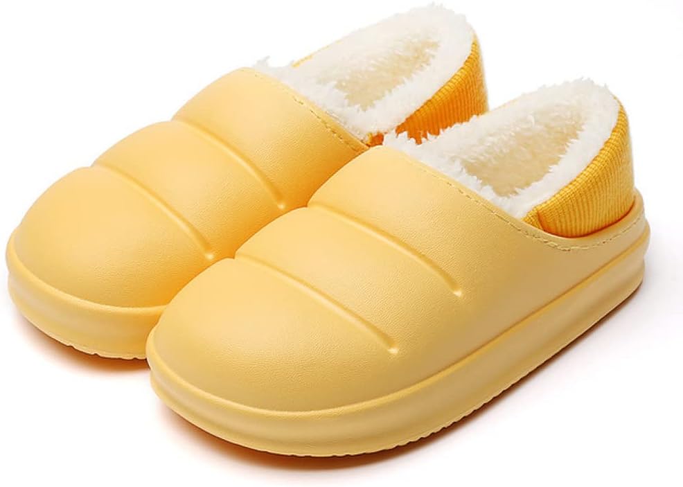 Slippers with a smooth puffer-style upper, plush lining and a thick sole - yellow, ribbed heel