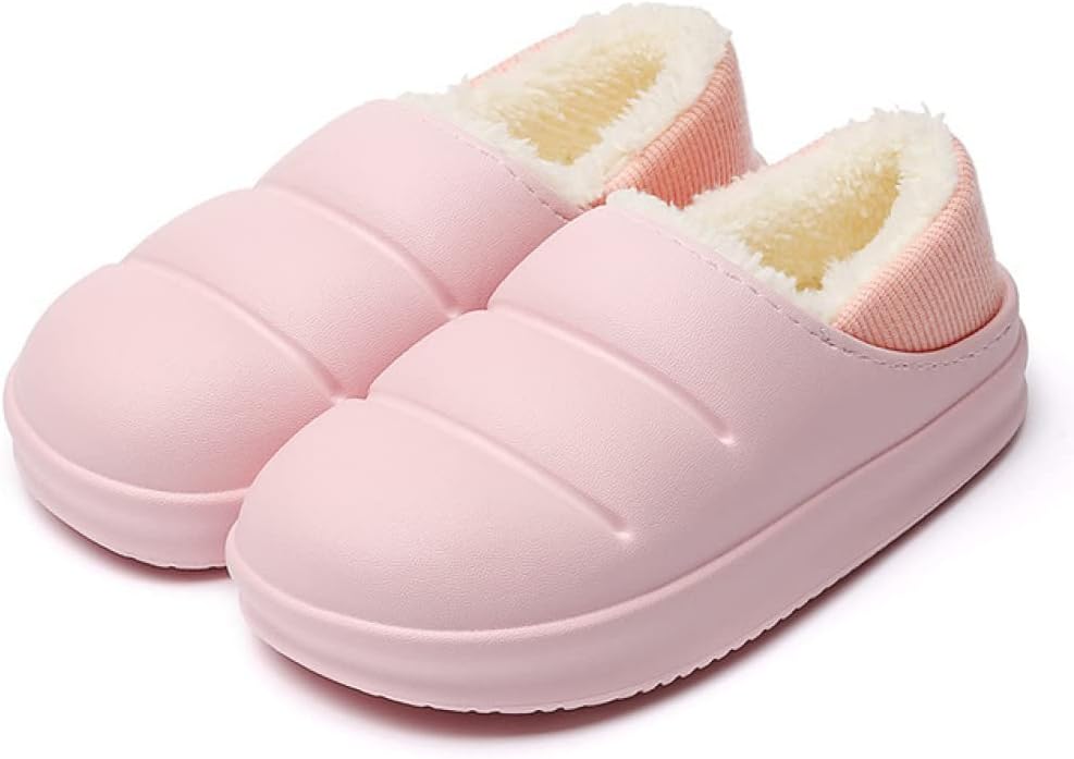 Slippers with a smooth puffer-style upper, plush lining and a thick sole - pink, ribbed heel