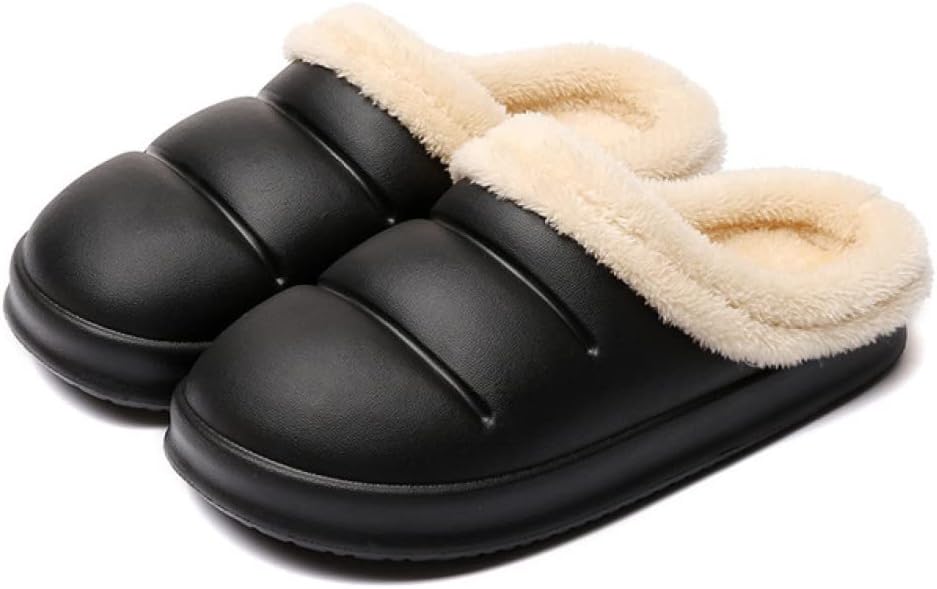 Slippers with a smooth puffer-style upper, plush lining and a thick sole - black, plush collar