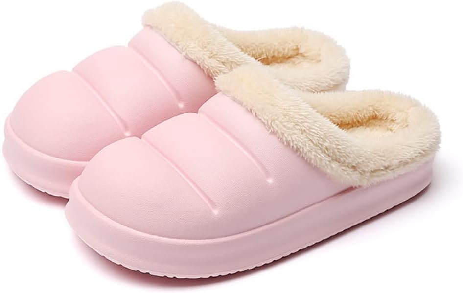 Slippers with a smooth puffer-style upper, plush lining and a thick sole - pink, plush collar