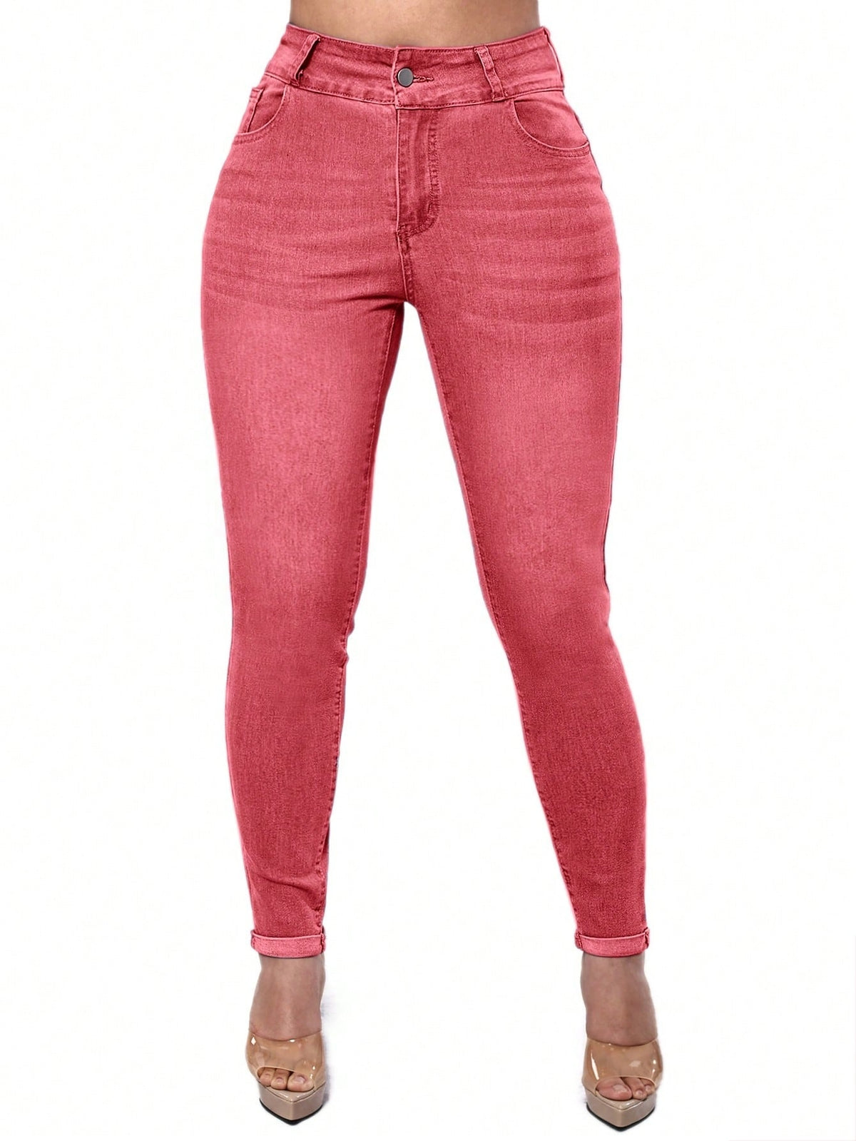 Push up jeans for women with a high waist and skinny leg - coral pink
