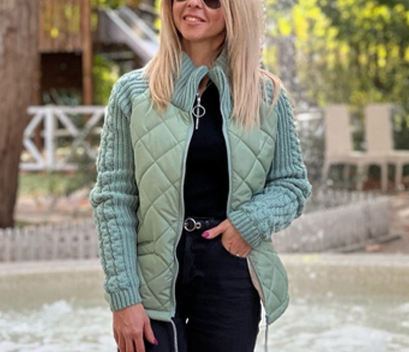 Women's quilted jacket with cable knit sleeves and a high collar - sage green