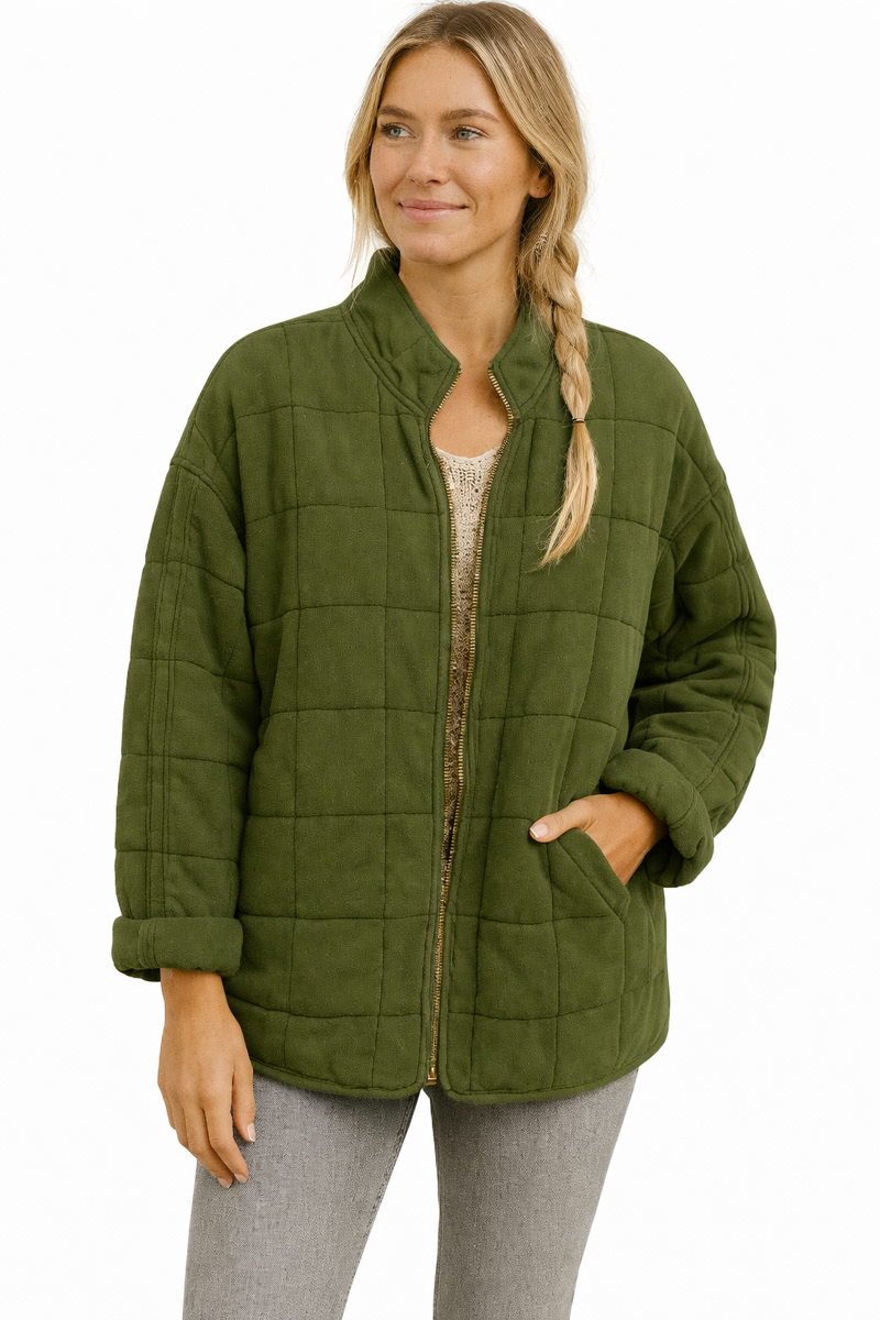 Women's quilted jacket with a stand collar and zip - army green