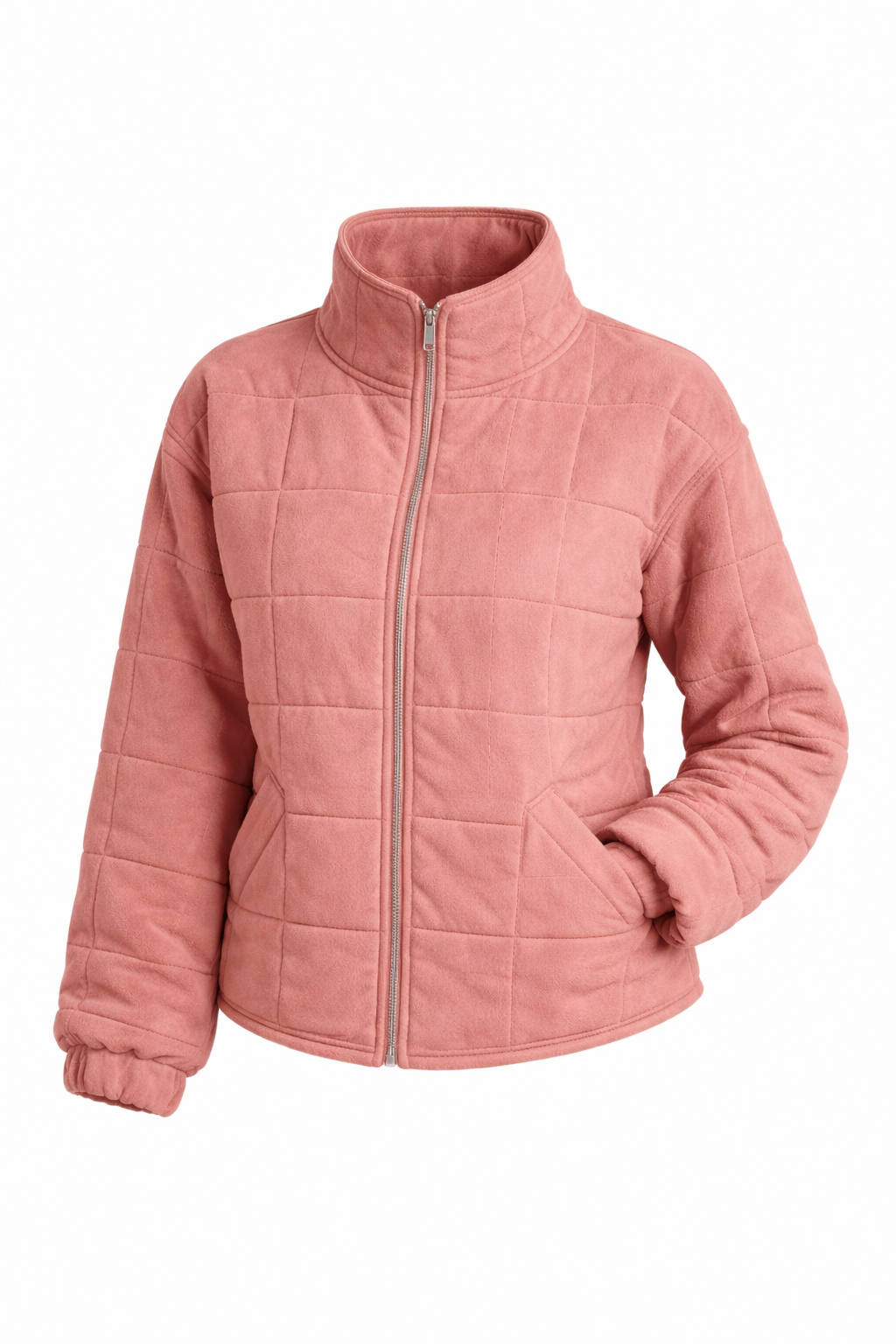 Women's quilted jacket with a stand collar and zip - dusty pink
