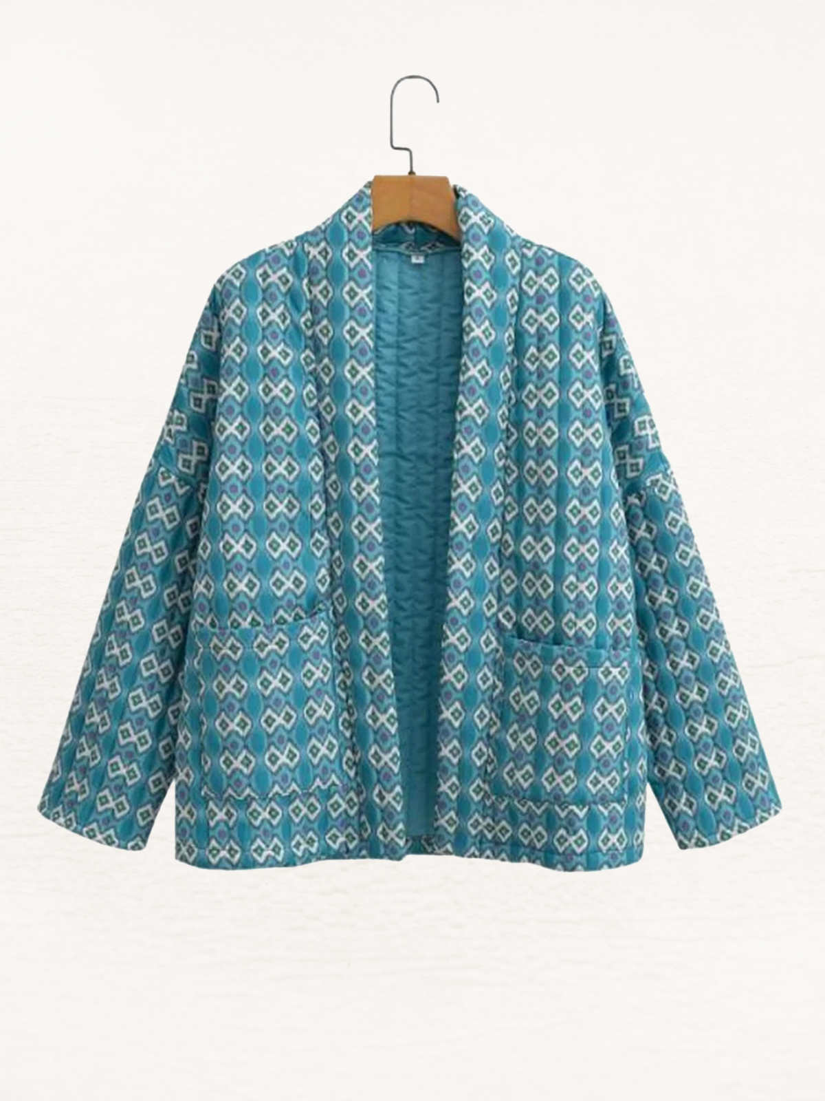 Women's quilted kimono jacket with a geometric print and an open front - turquoise