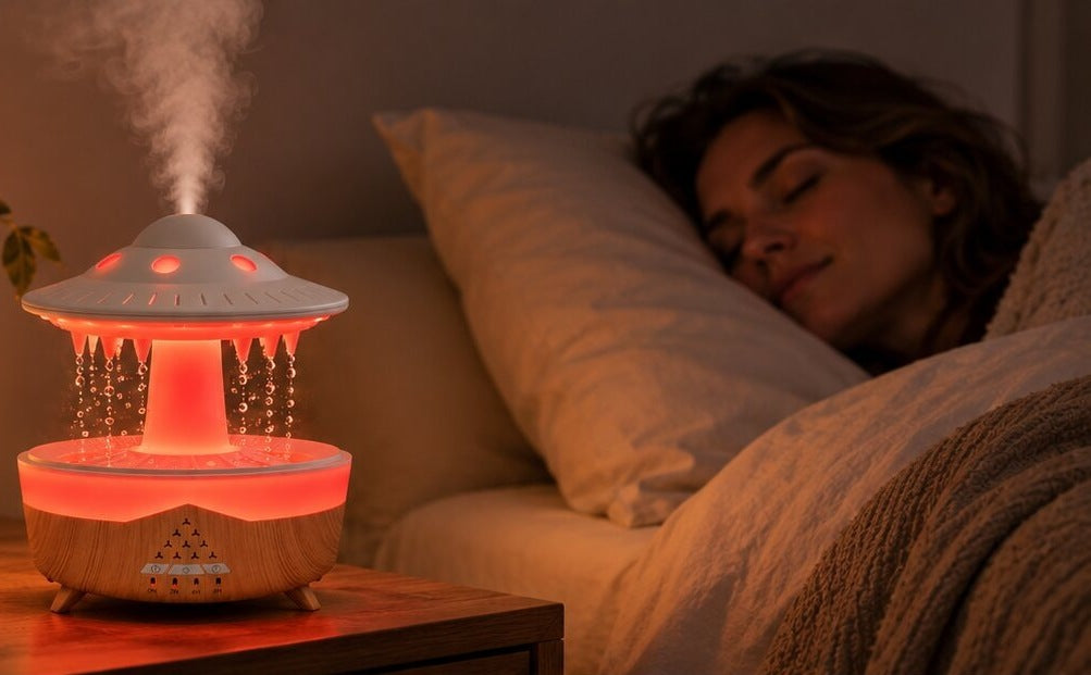 Rain cloud humidifier with falling water drops and LED light - view 2