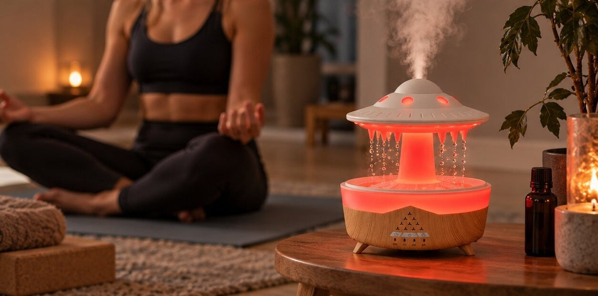 Rain cloud humidifier with falling water drops and LED light - view 4