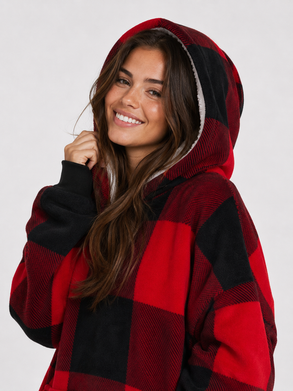 Oversized blanket hoodie in a red and black buffalo check with a front pocket