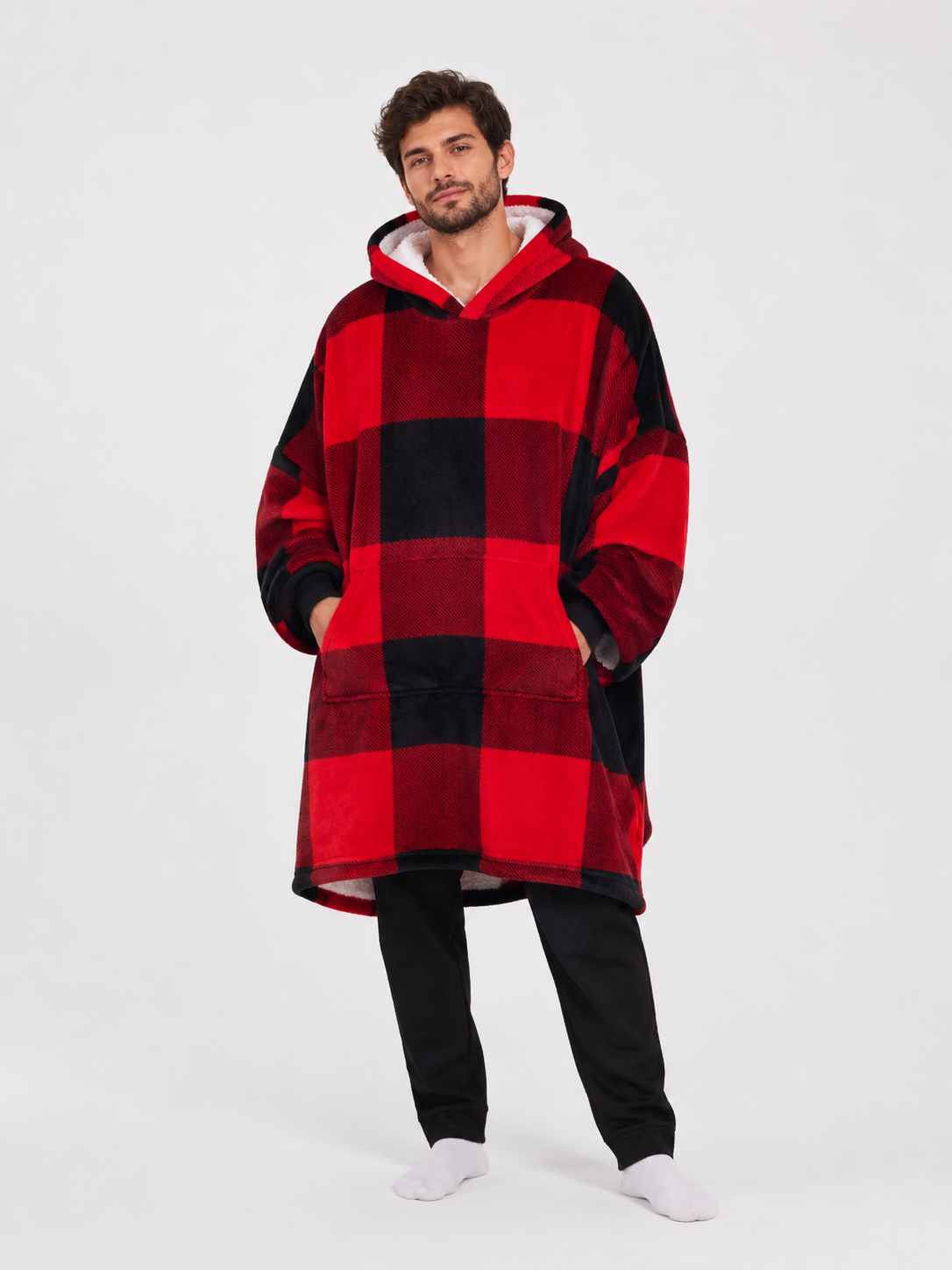 Oversized blanket hoodie in a red and black buffalo check with a front pocket