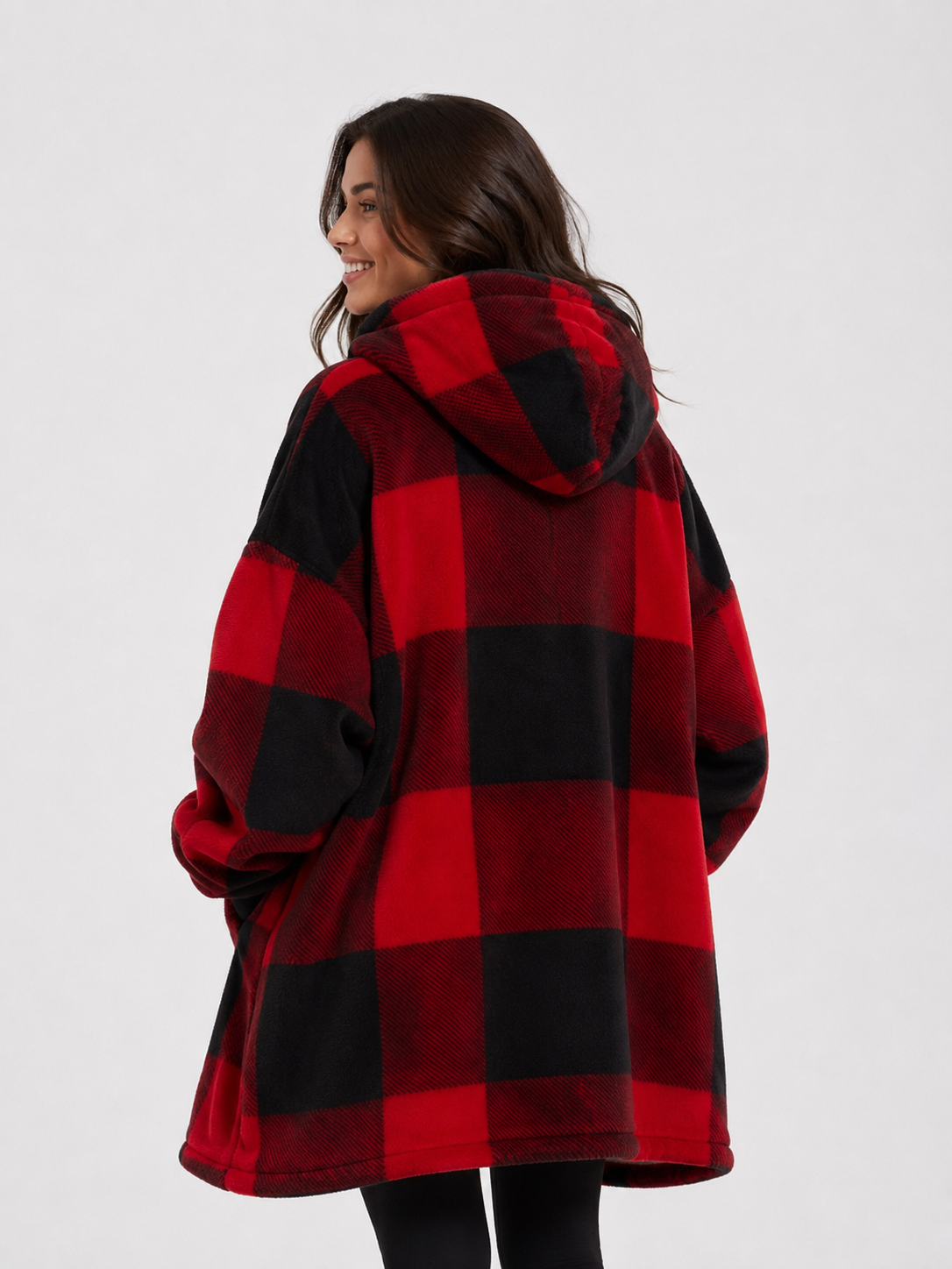 Oversized blanket hoodie in a red and black buffalo check with a front pocket