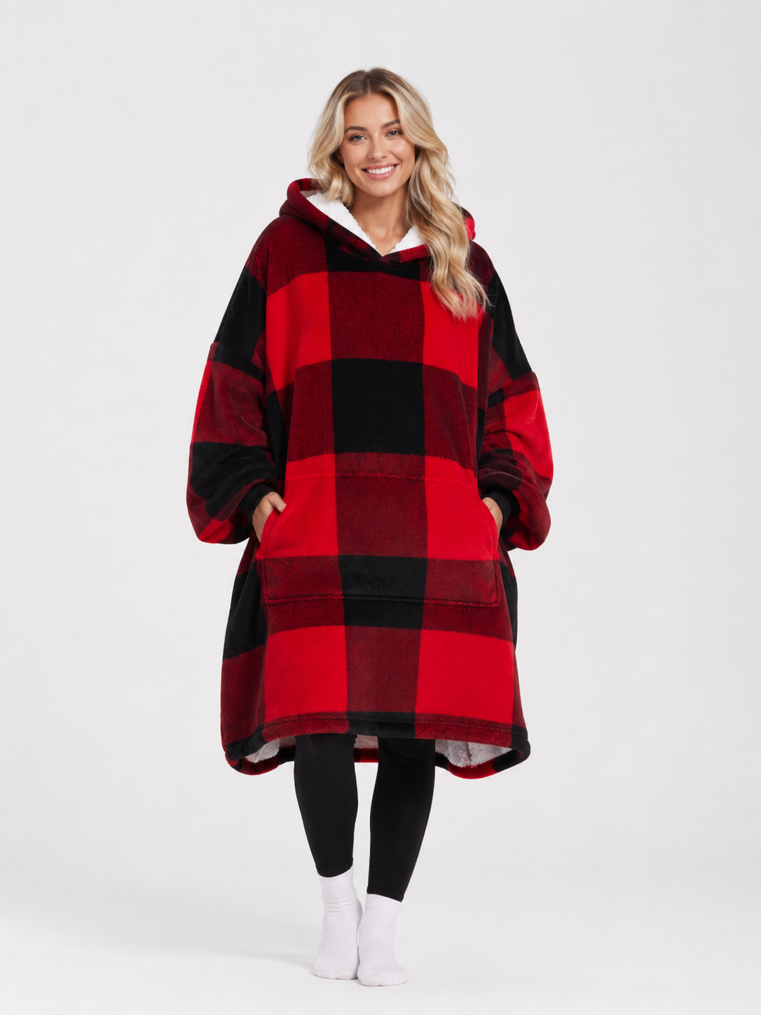 Oversized blanket hoodie in a red and black buffalo check with a front pocket