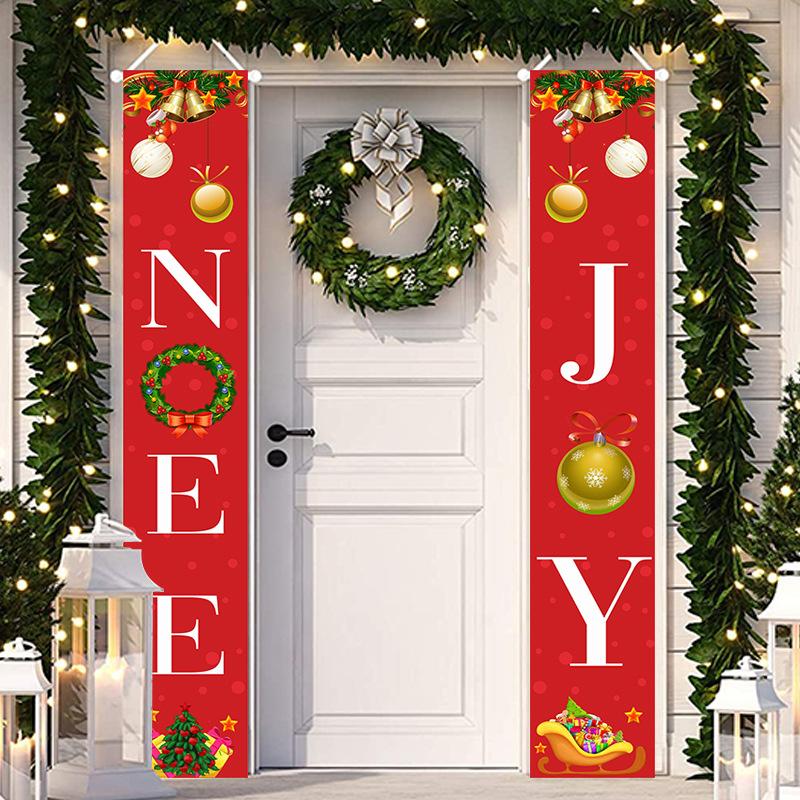 Set of two red Christmas porch banners, 180 x 30 cm, beside a front door
