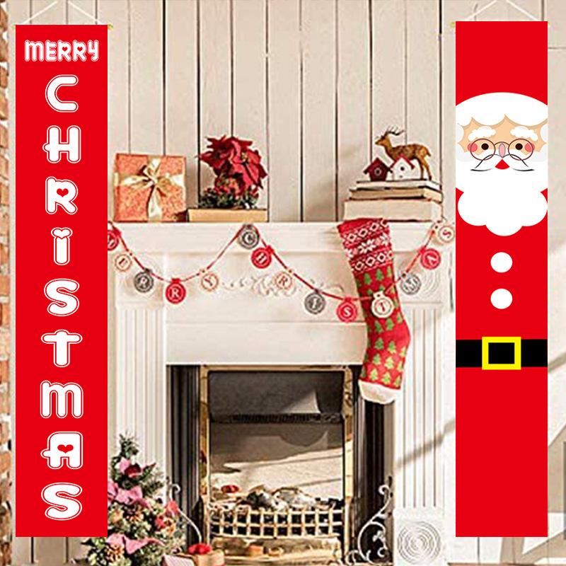 Set of two red Christmas porch banners, 180 x 30 cm, beside a front door