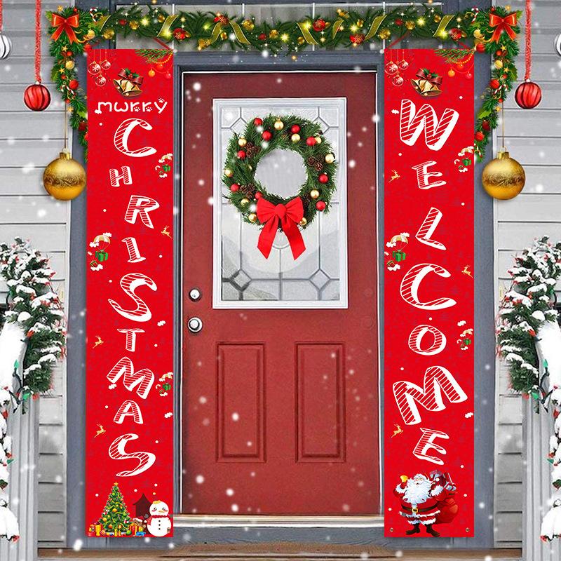 Set of two red Christmas porch banners, 180 x 30 cm, beside a front door - merry christmas and welcome